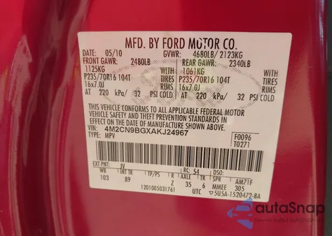 2010 Mercury Mariner из США, поврежденный, VIN 4M2CN9BGXAKJ24967